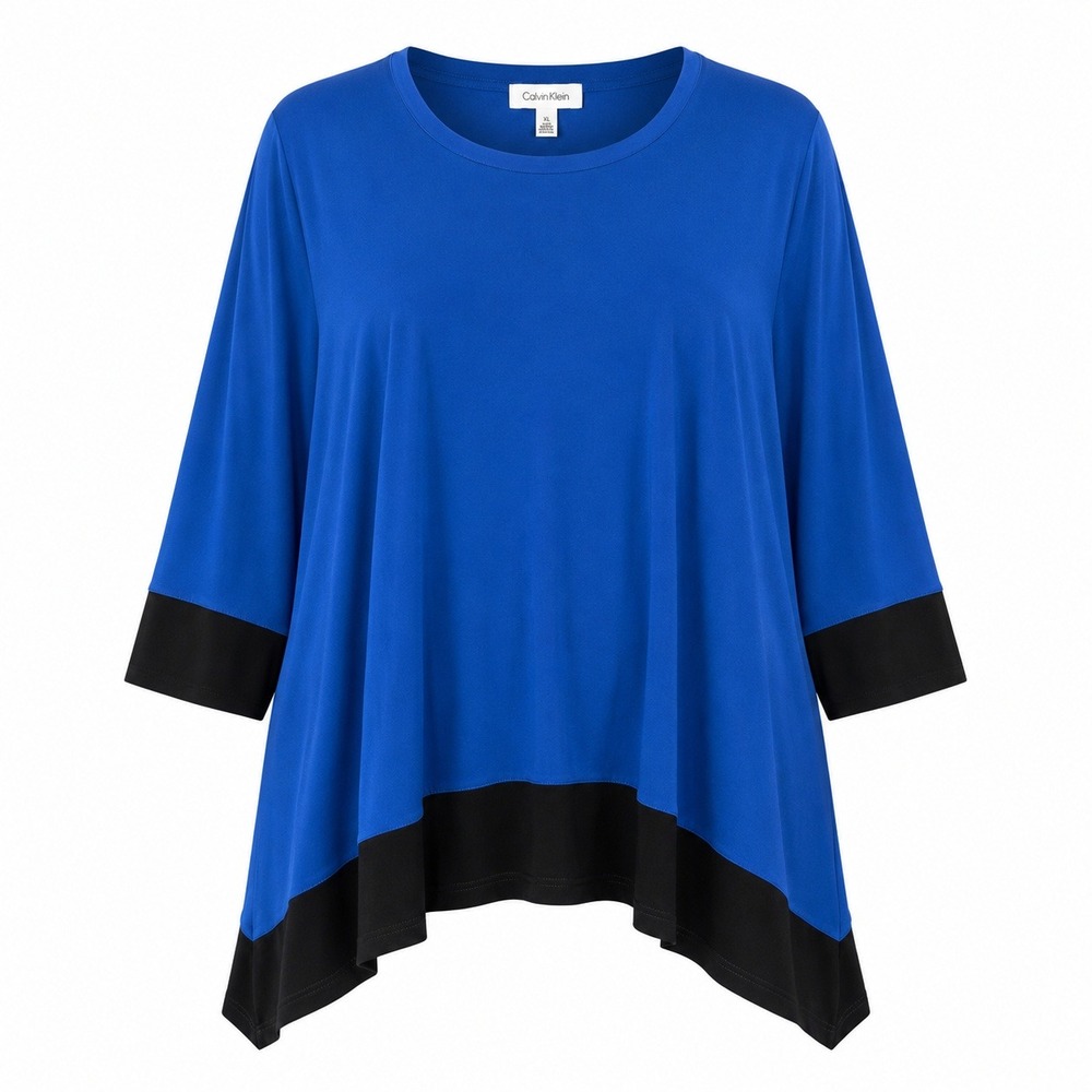 Calvin Klein Sharkbite Tunic Women 1X Blue Black Colorblock Asymmetrical Top 3/4